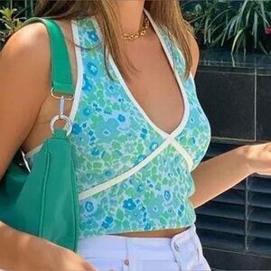 Zara Blue and Green Floral Button-Up Halter